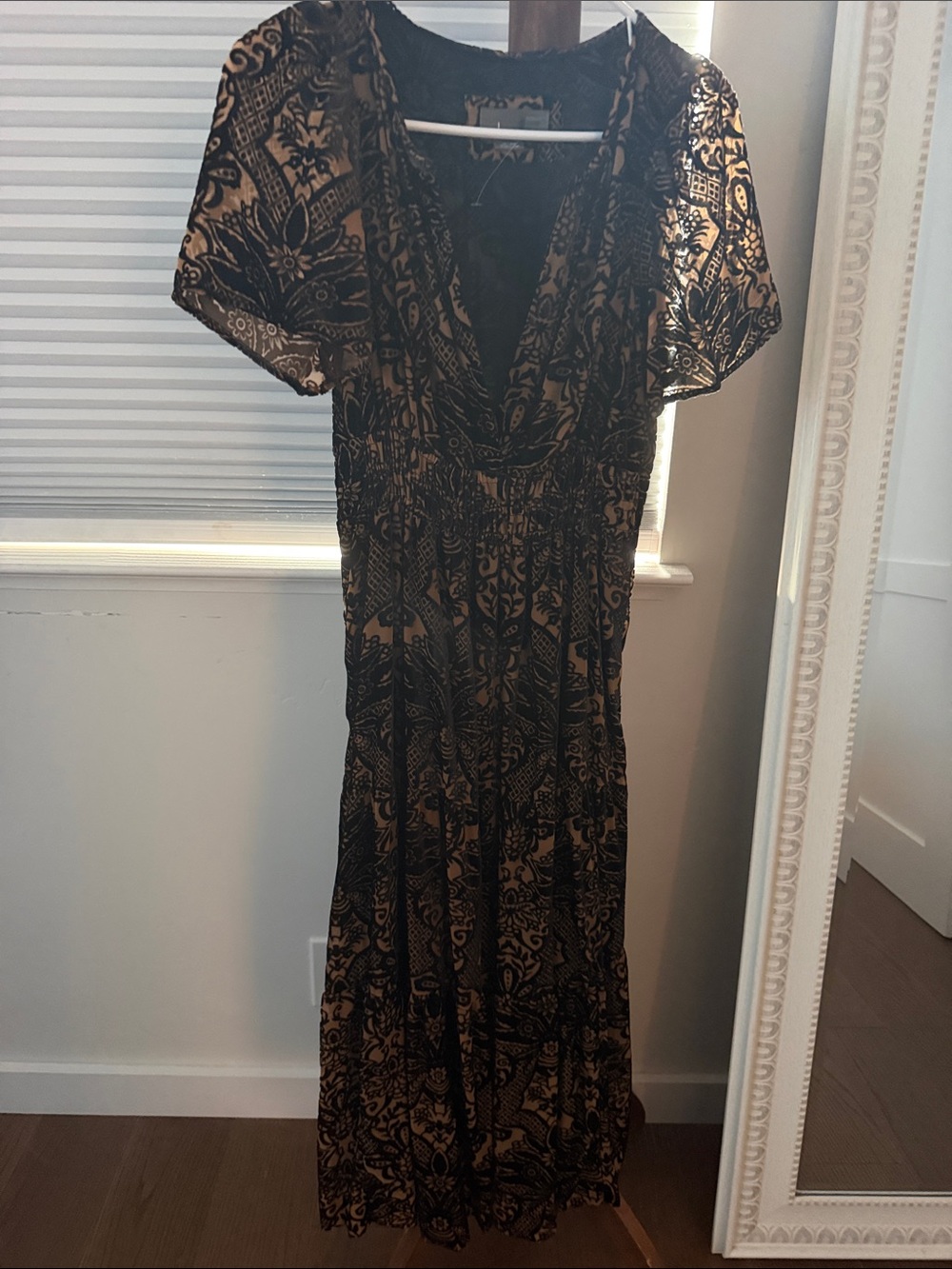 Anthropologie Black and Gold Patterned Maxi Dress